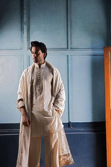 Beige Embroidered Karandi Kurta Trouser